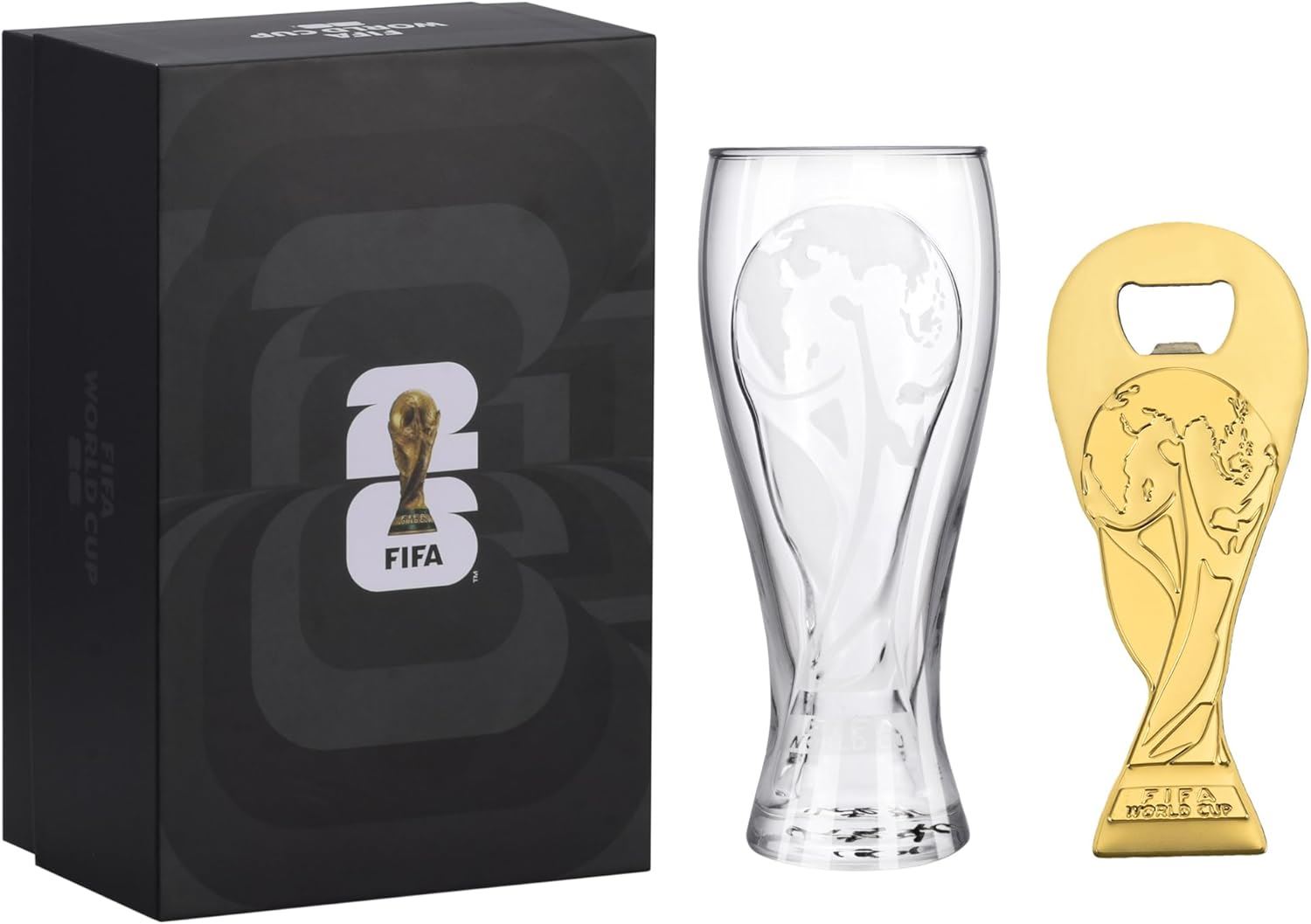 FIFA 2026 Set Vaso de cerveza Pilsner y Destapador de botellas con forma de trofeo
